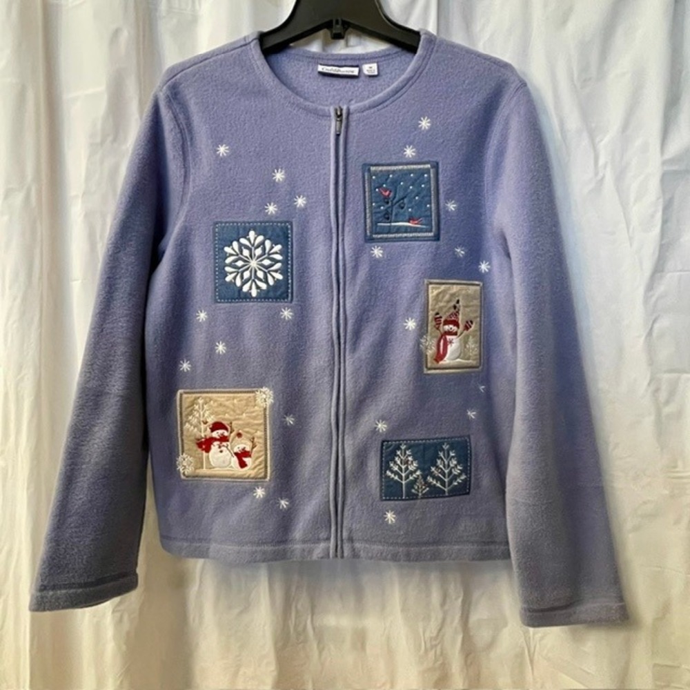 Croft & Barrow Vintage 90s Y2K Blue Fleece Snowman Embroidered Zip Cardigan M